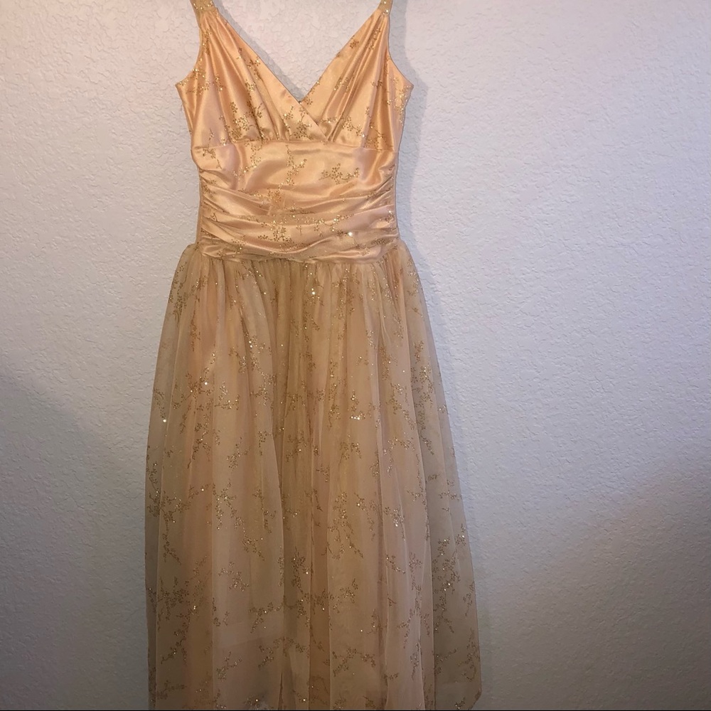 Vintage Gunne Sax midi length ball gown dress in pink and gold sz 3/4 — EUC!